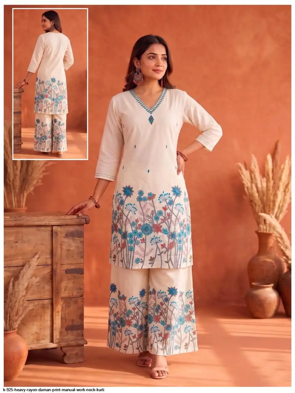 K 925 HEAVY RAYON DAMAN PRINT MANUAL WORK NECK KURTI 10