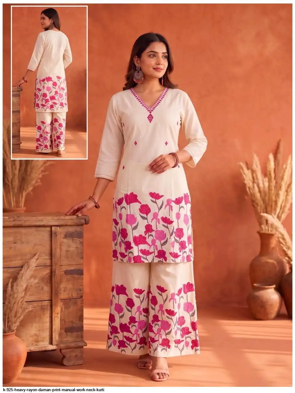 K 925 HEAVY RAYON DAMAN PRINT MANUAL WORK NECK KURTI 9