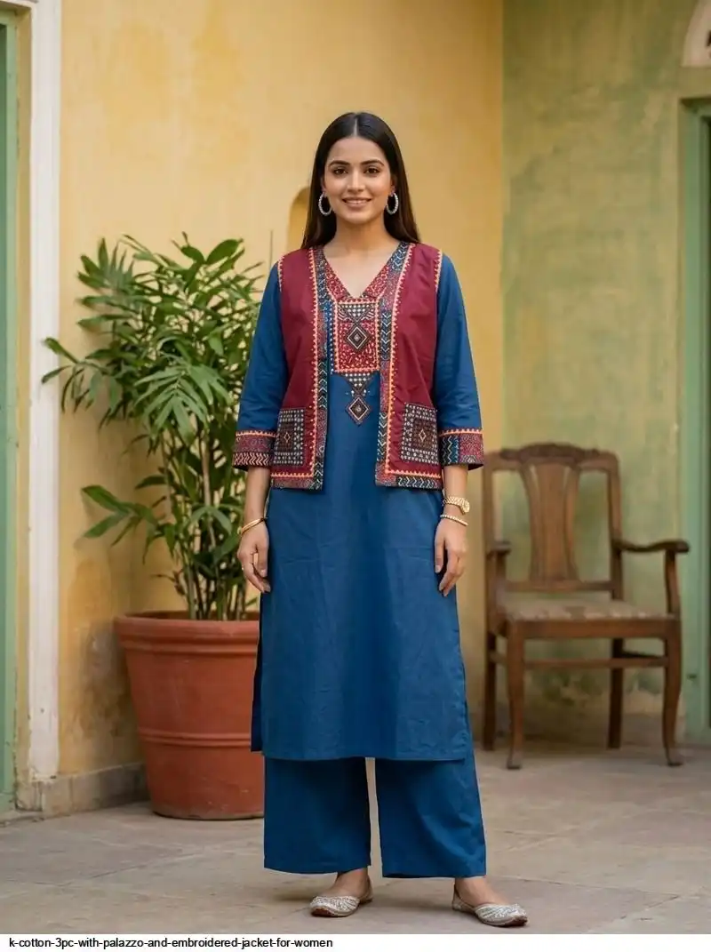 K COTTON 3PC WITH PALAZZO AND EMBROIDERED JACKET FOR WOMEN 2