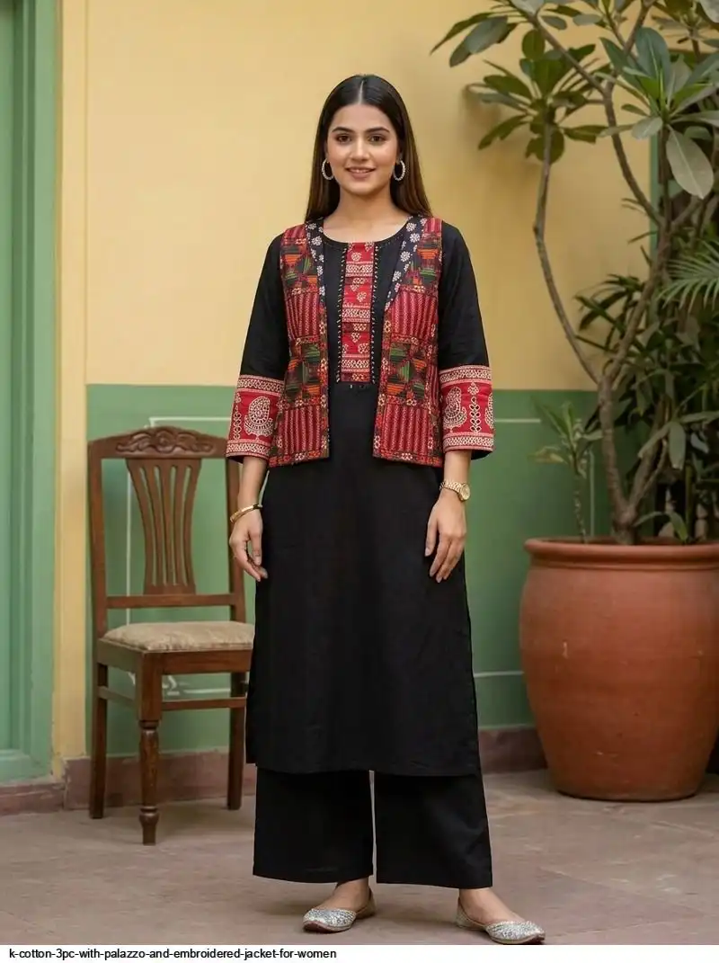 K COTTON 3PC WITH PALAZZO AND EMBROIDERED JACKET FOR WOMEN 3