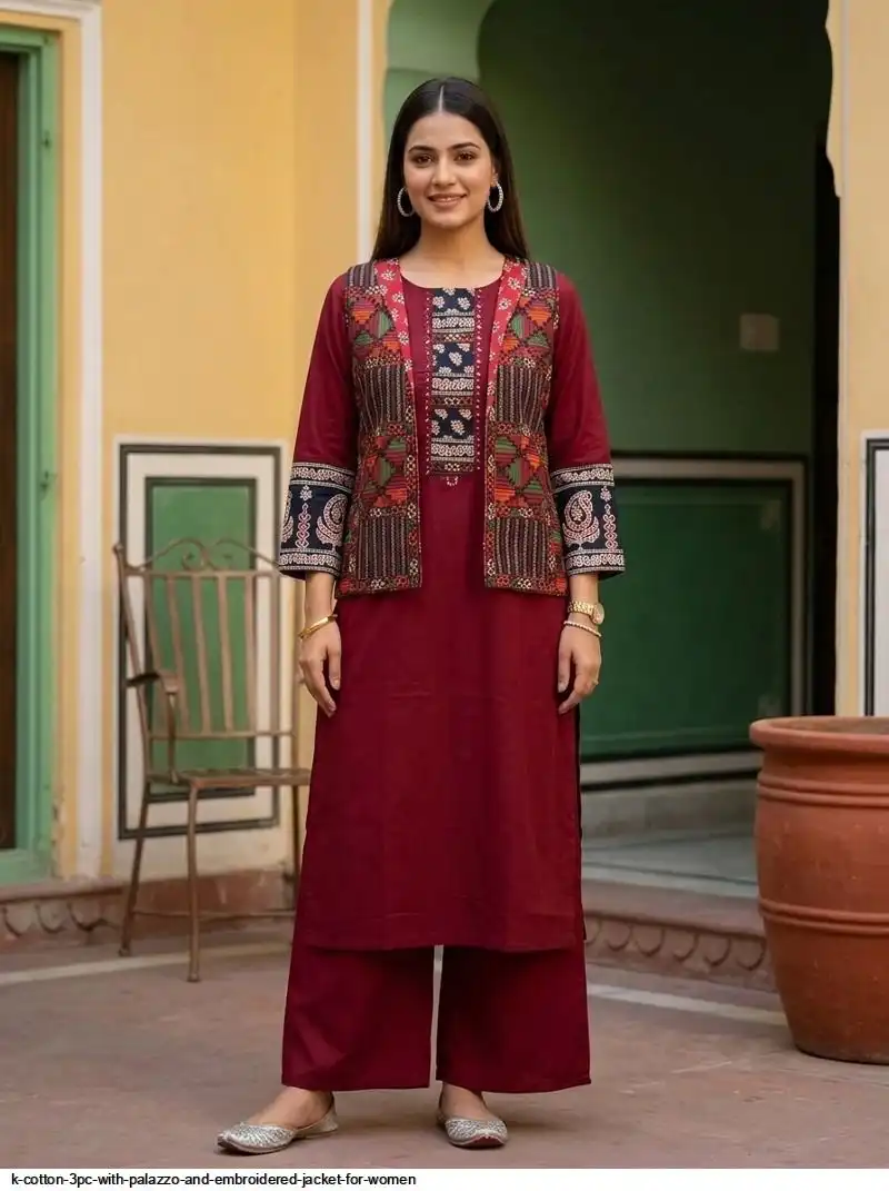 K COTTON 3PC WITH PALAZZO AND EMBROIDERED JACKET FOR WOMEN 4