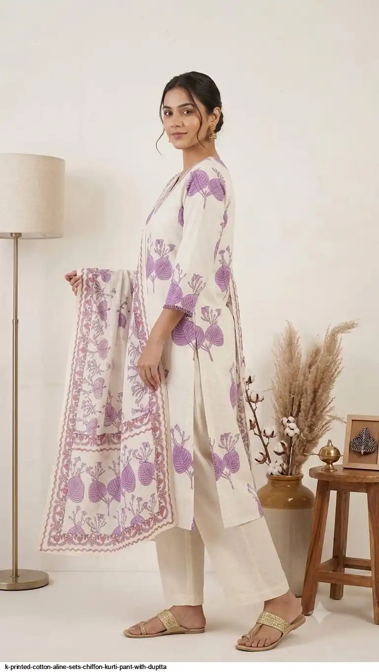 K PRINTED COTTON ALINE SETS CHIFFON KURTI PANT WITH DUPTTA 1