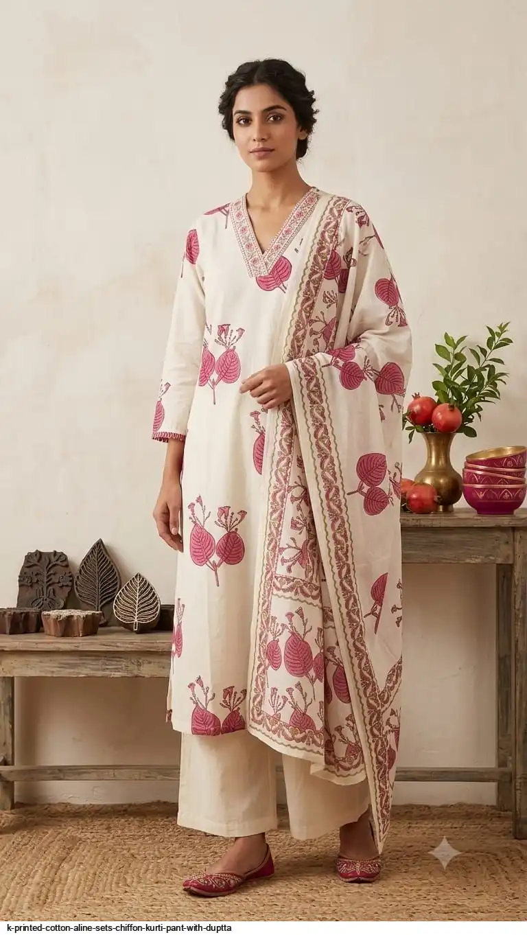 K PRINTED COTTON ALINE SETS CHIFFON KURTI PANT WITH DUPTTA 2
