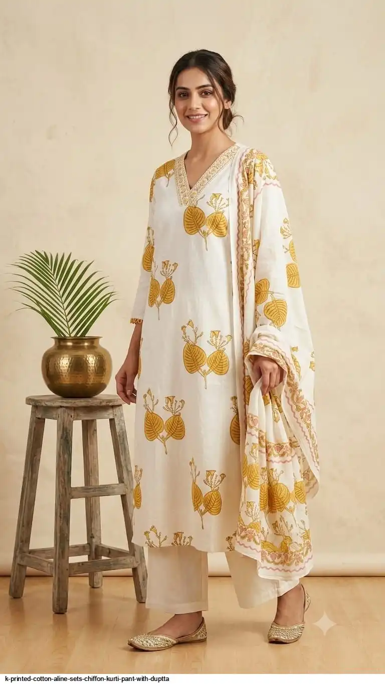 K PRINTED COTTON ALINE SETS CHIFFON KURTI PANT WITH DUPTTA 3