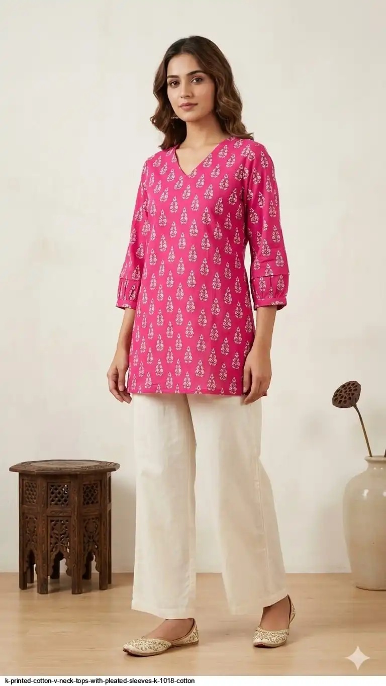 K PRINTED COTTON V NECK TOPS WITH PLEATED SLEEVES K 1018 COTTON 2
