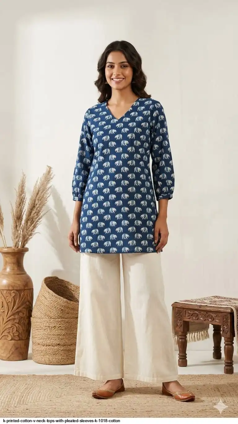 K PRINTED COTTON V NECK TOPS WITH PLEATED SLEEVES K 1018 COTTON 3