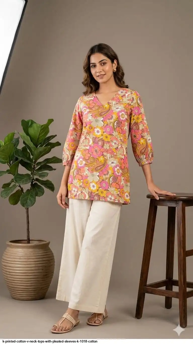 K PRINTED COTTON V NECK TOPS WITH PLEATED SLEEVES K 1018 COTTON 5