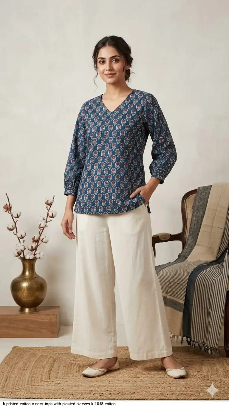 K PRINTED COTTON V NECK TOPS WITH PLEATED SLEEVES K 1018 COTTON 4
