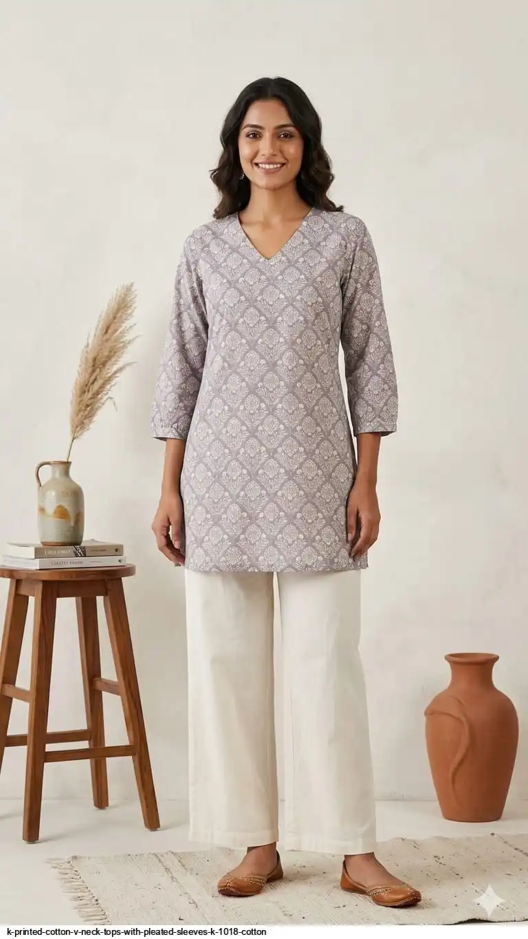 K PRINTED COTTON V NECK TOPS WITH PLEATED SLEEVES K 1018 COTTON 6