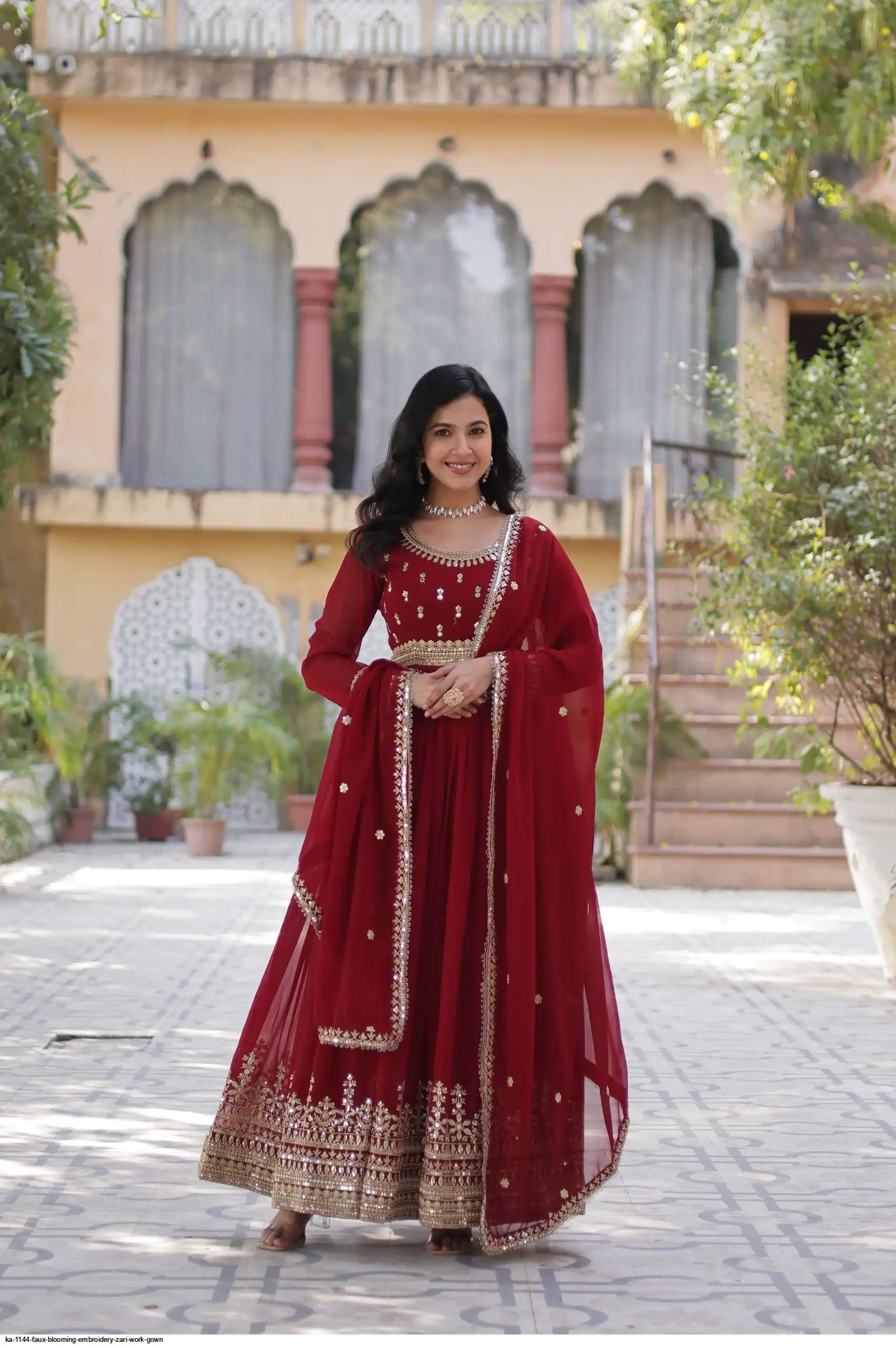 KA 1144 FAUX BLOOMING EMBROIDERY ZARI WORK GOWN A