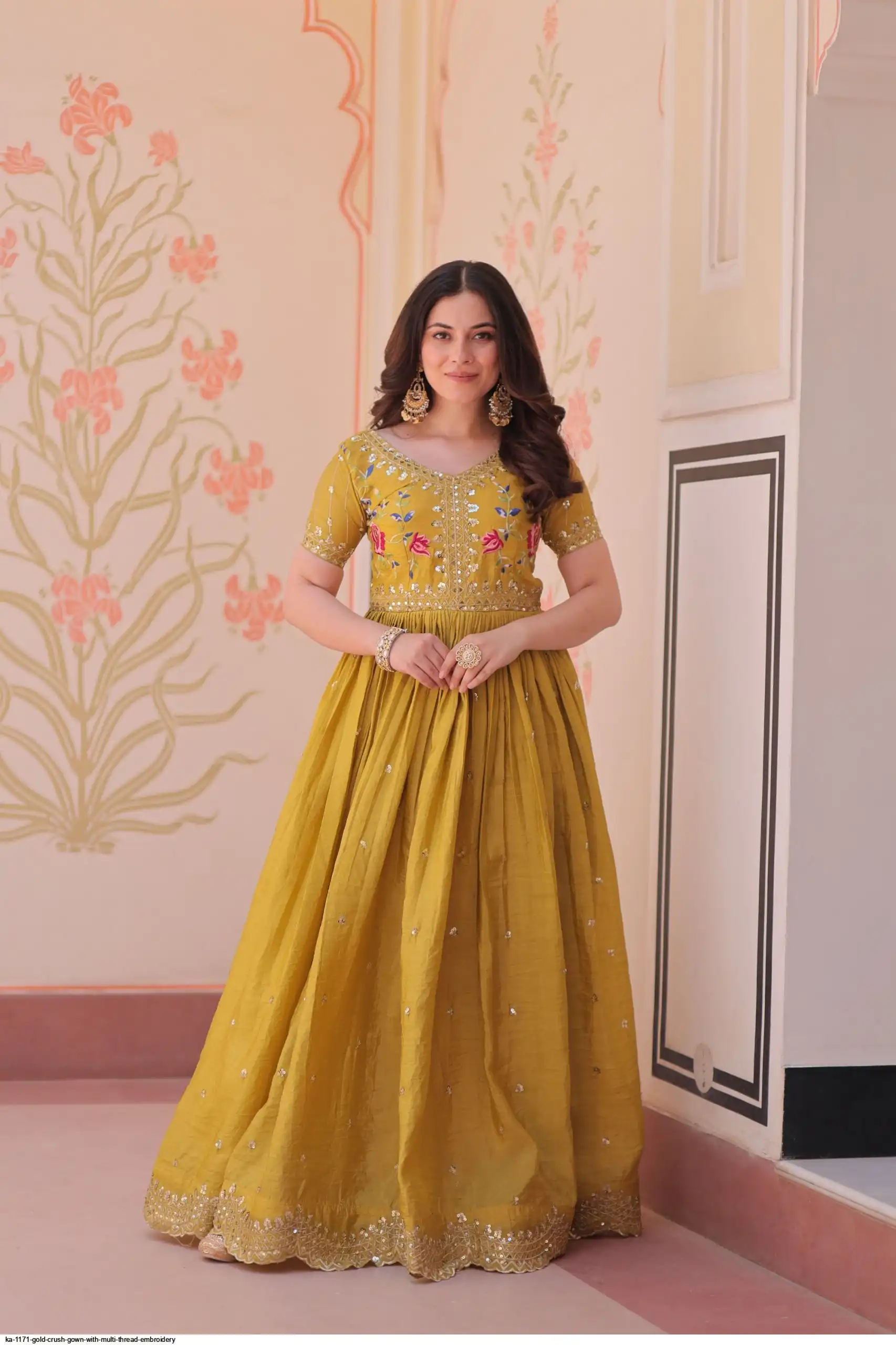 KA 1171 GOLD CRUSH GOWN WITH MULTI THREAD EMBROIDERY B