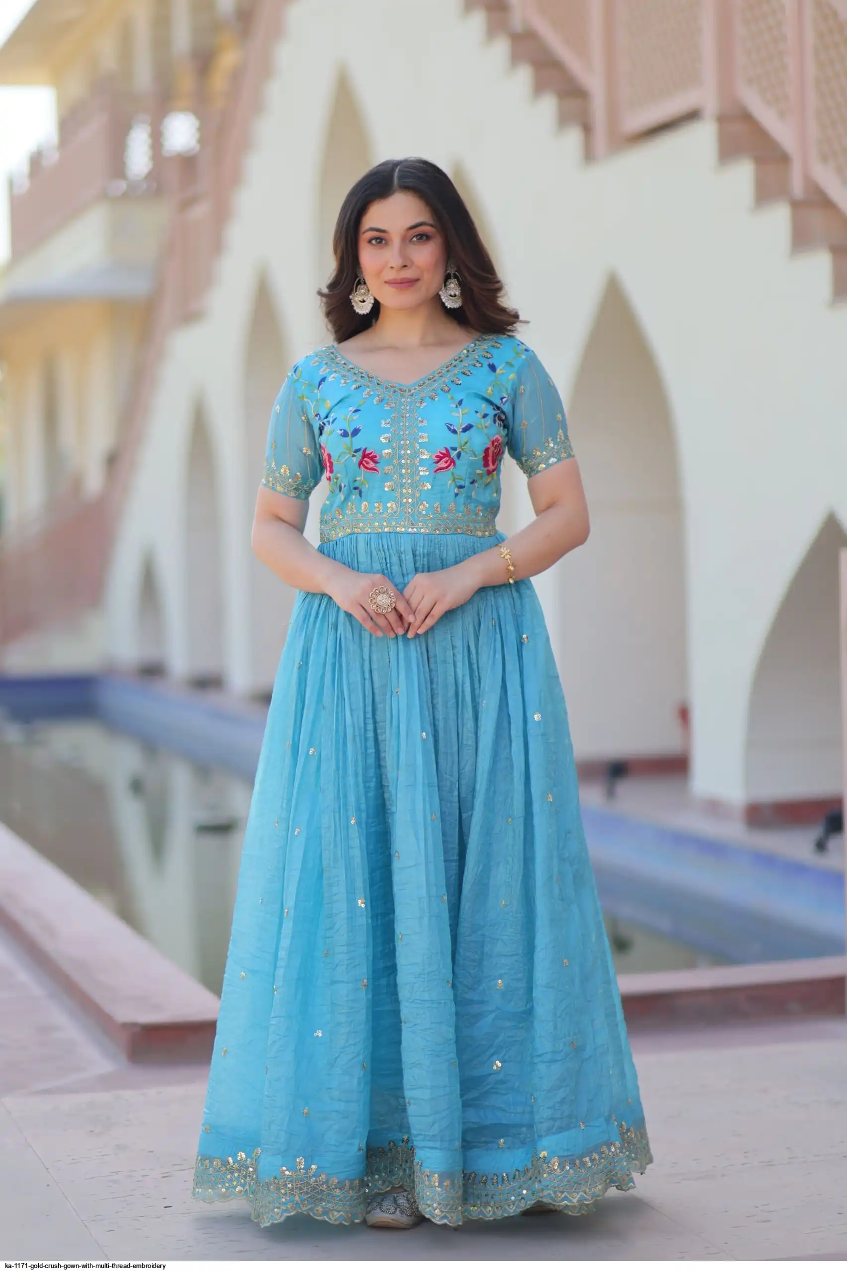 KA 1171 GOLD CRUSH GOWN WITH MULTI THREAD EMBROIDERY A