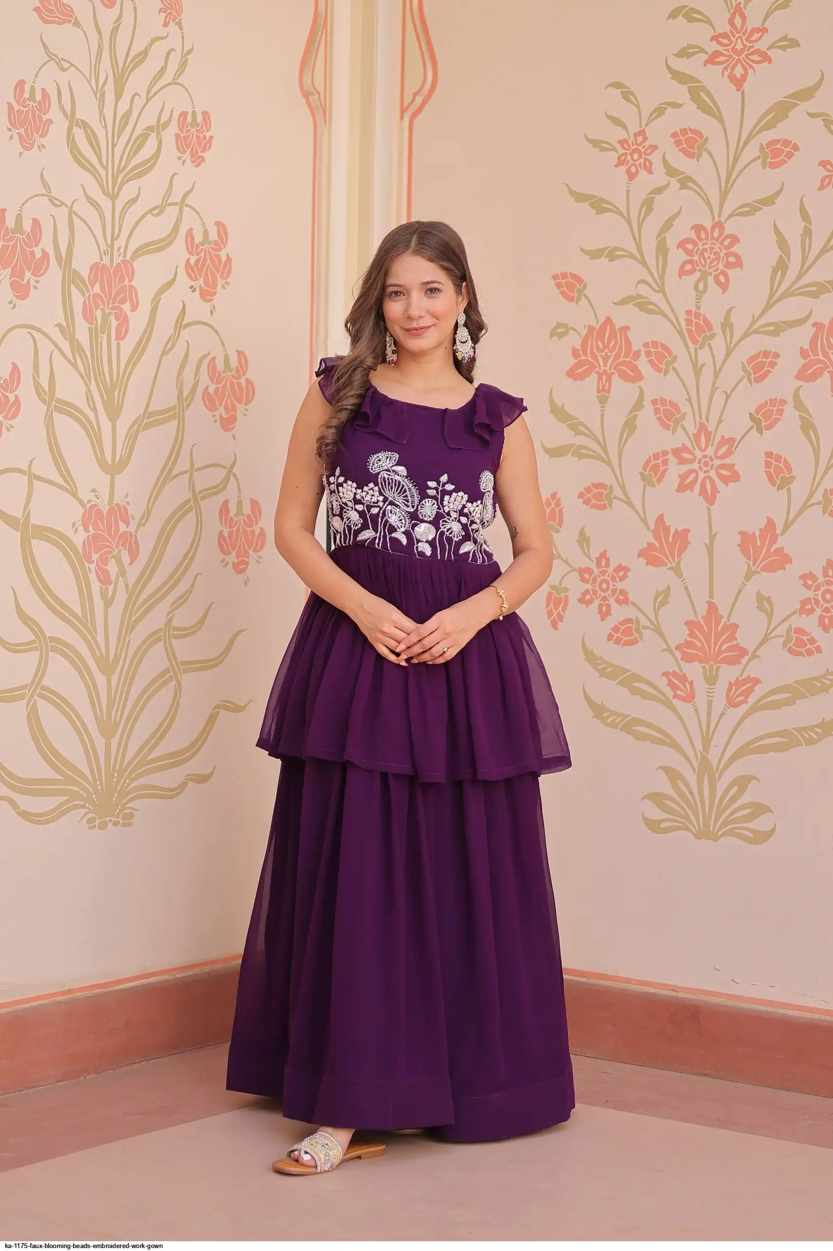 KA-1175 Faux Blooming Beads Embroidered Work Gown