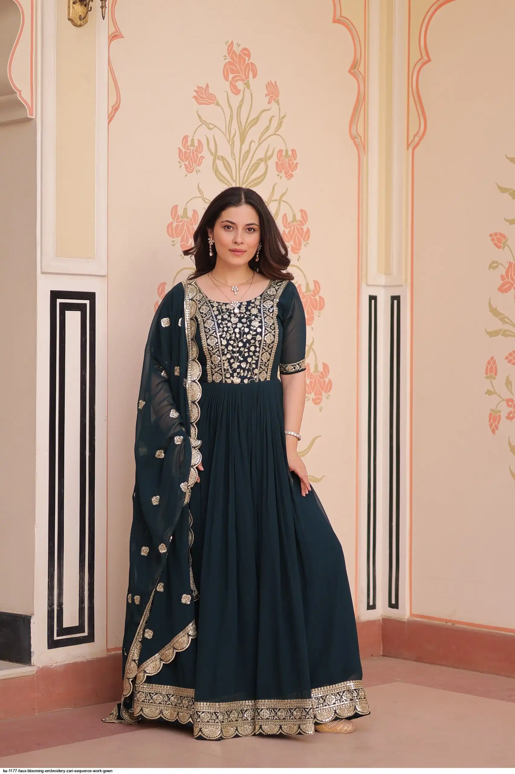 KA 1177 FAUX BLOOMING EMBROIDERY ZARI SEQUENCE WORK GOWN A