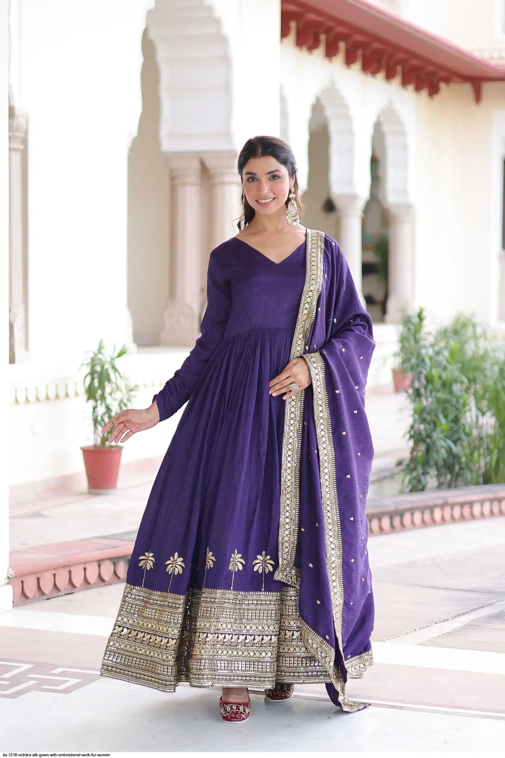 KA 1218 VICHITRA SILK GOWN WITH EMBROIDERED WORK FOR WOMEN B