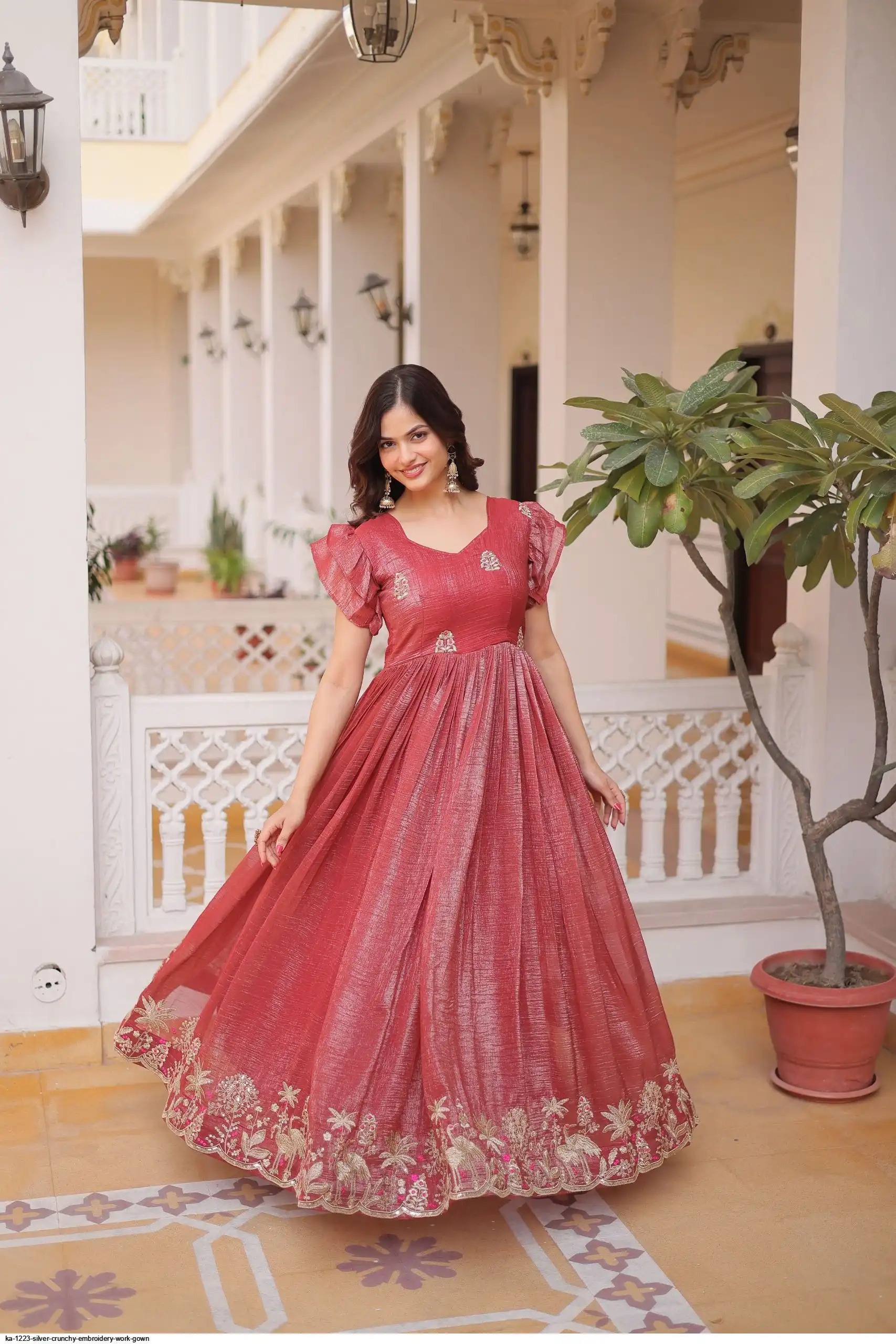 silver work dress KA-1223 Silver Crunchy Embroidery Work Gown