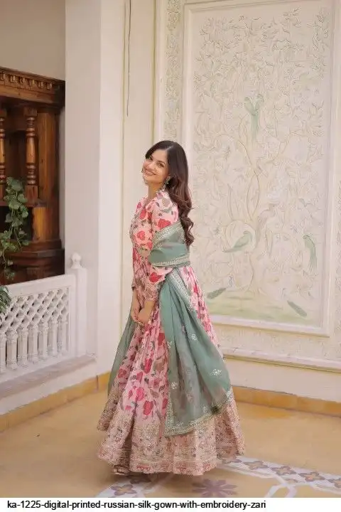 KA-1225 Digital Printed Russian Silk Gown with Embroidery Zari