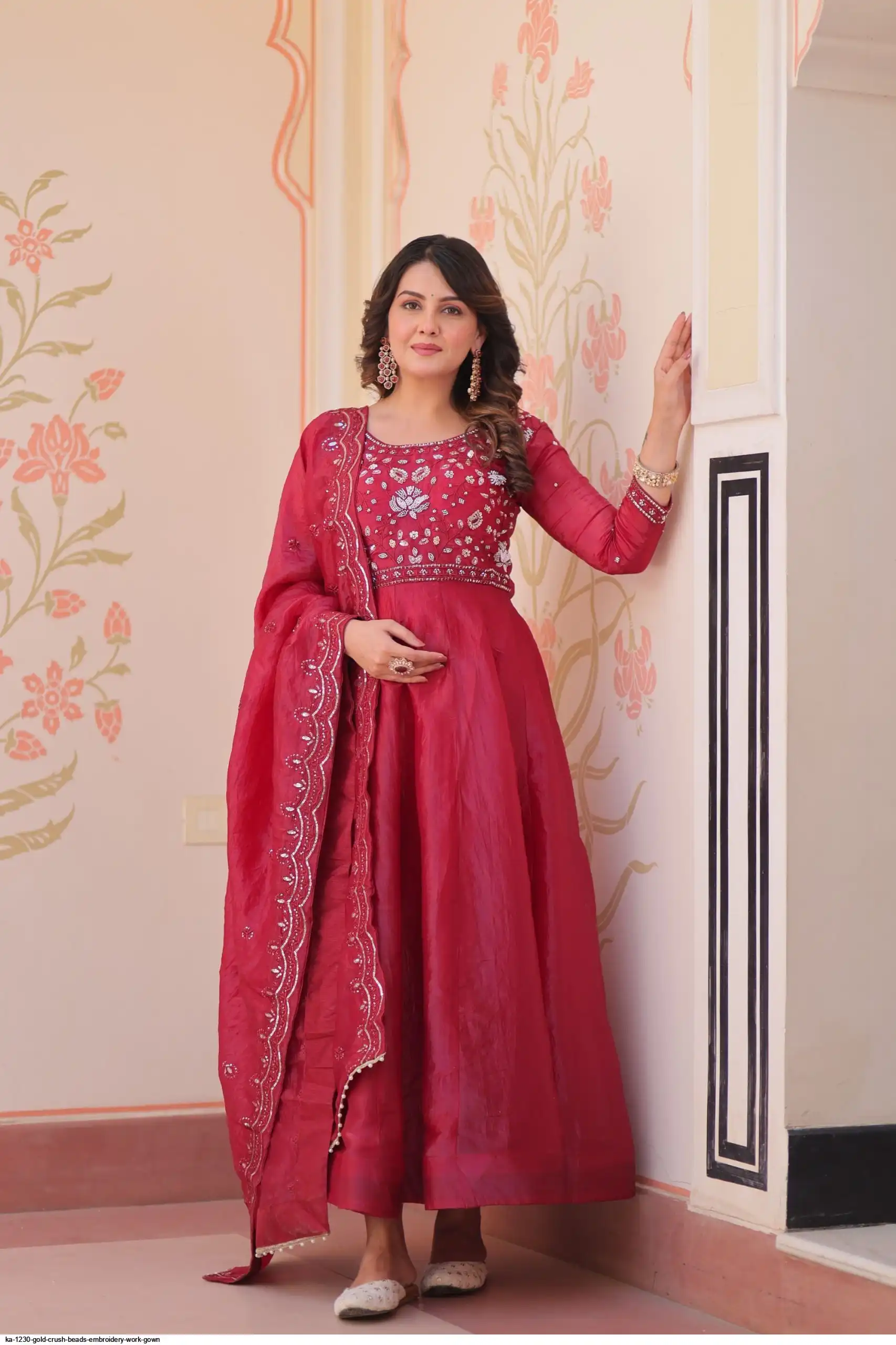 KA 1230 GOLD CRUSH BEADS EMBROIDERY WORK GOWN A