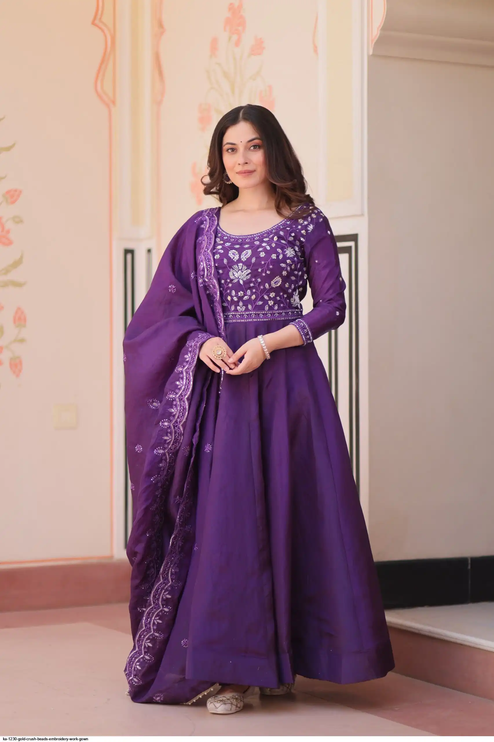 KA 1230 GOLD CRUSH BEADS EMBROIDERY WORK GOWN B