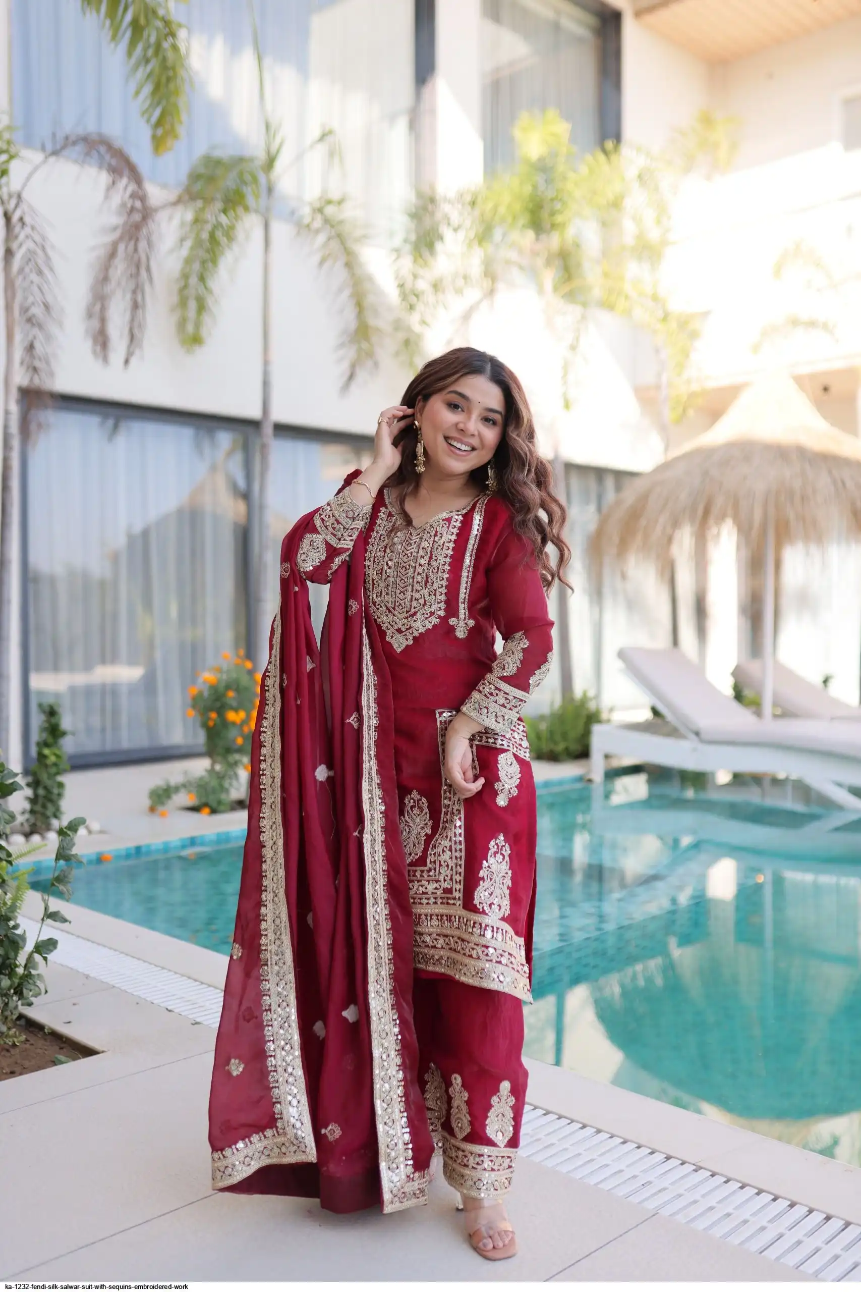 KA 1232 FENDI SILK SALWAR SUIT WITH SEQUINS EMBROIDERED WORK A