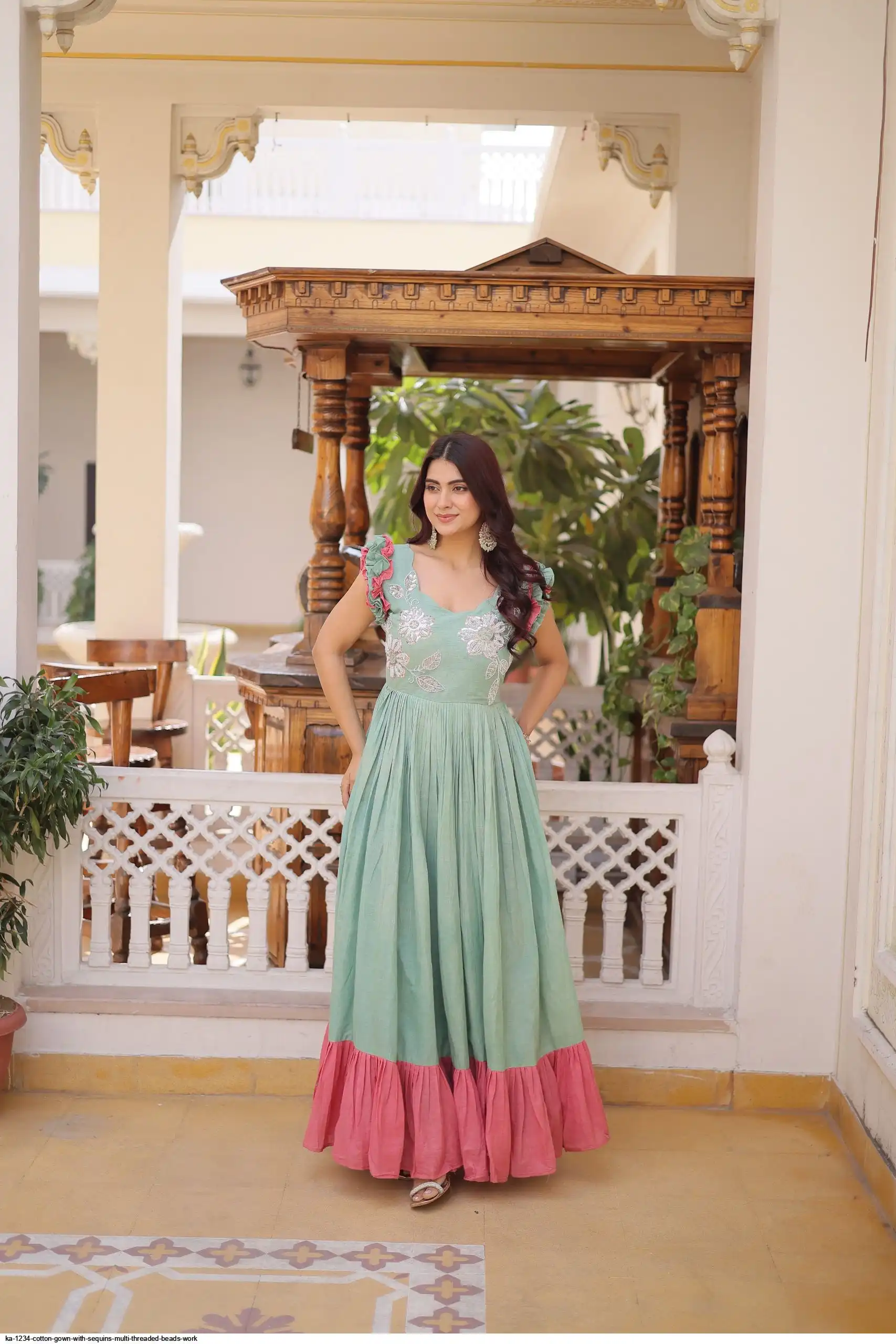 KA 1234 COTTON GOWN WITH SEQUINS MULTI THREADED BEADS WORK B