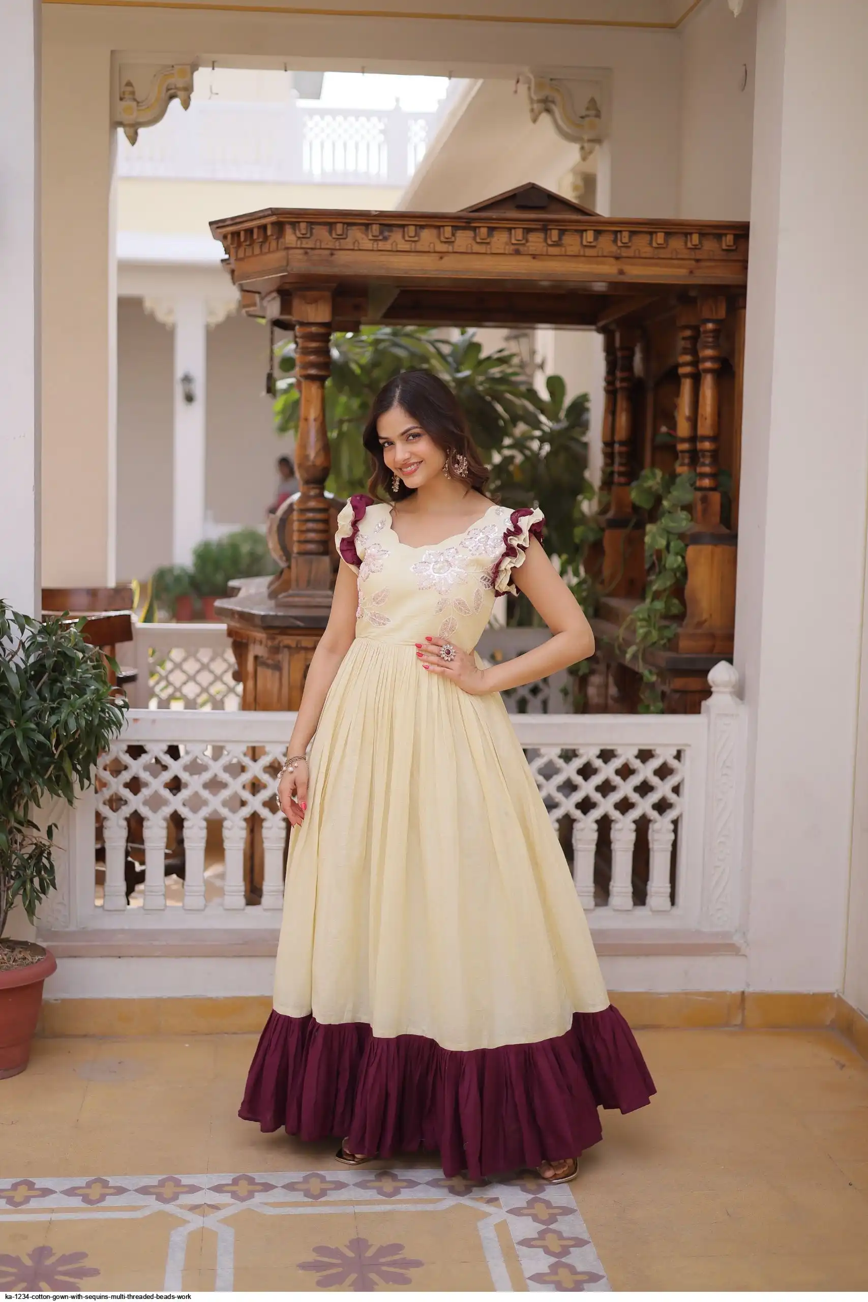 KA 1234 COTTON GOWN WITH SEQUINS MULTI THREADED BEADS WORK A
