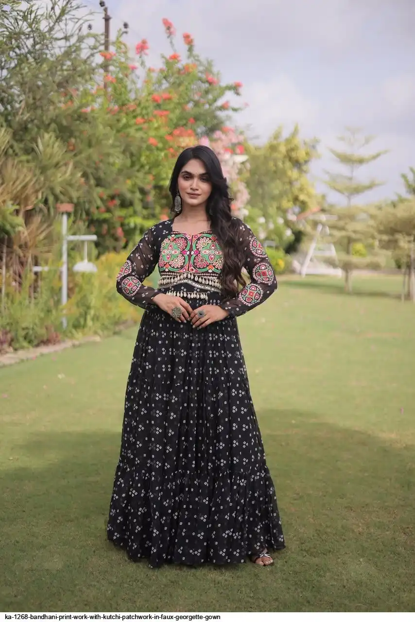 KA 1268 BANDHANI PRINT WORK WITH KUTCHI PATCHWORK IN FAUX GEORGETTE GOWN A