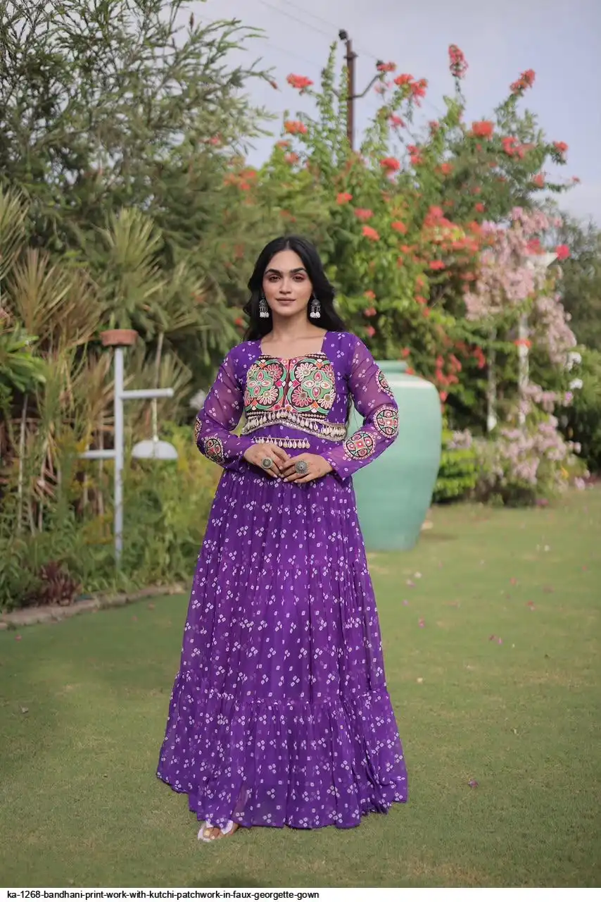 KA 1268 BANDHANI PRINT WORK WITH KUTCHI PATCHWORK IN FAUX GEORGETTE GOWN B