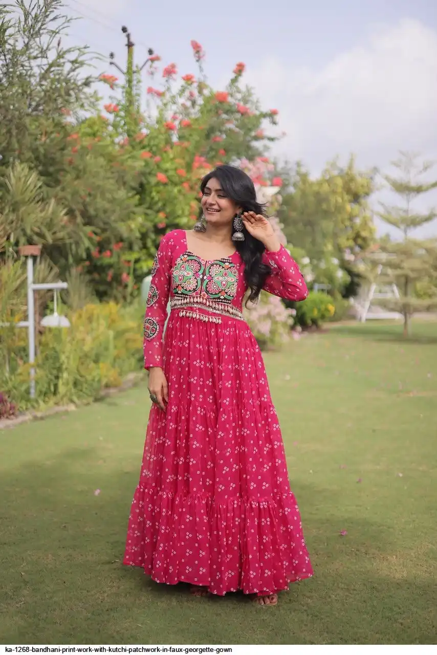 KA 1268 BANDHANI PRINT WORK WITH KUTCHI PATCHWORK IN FAUX GEORGETTE GOWN C