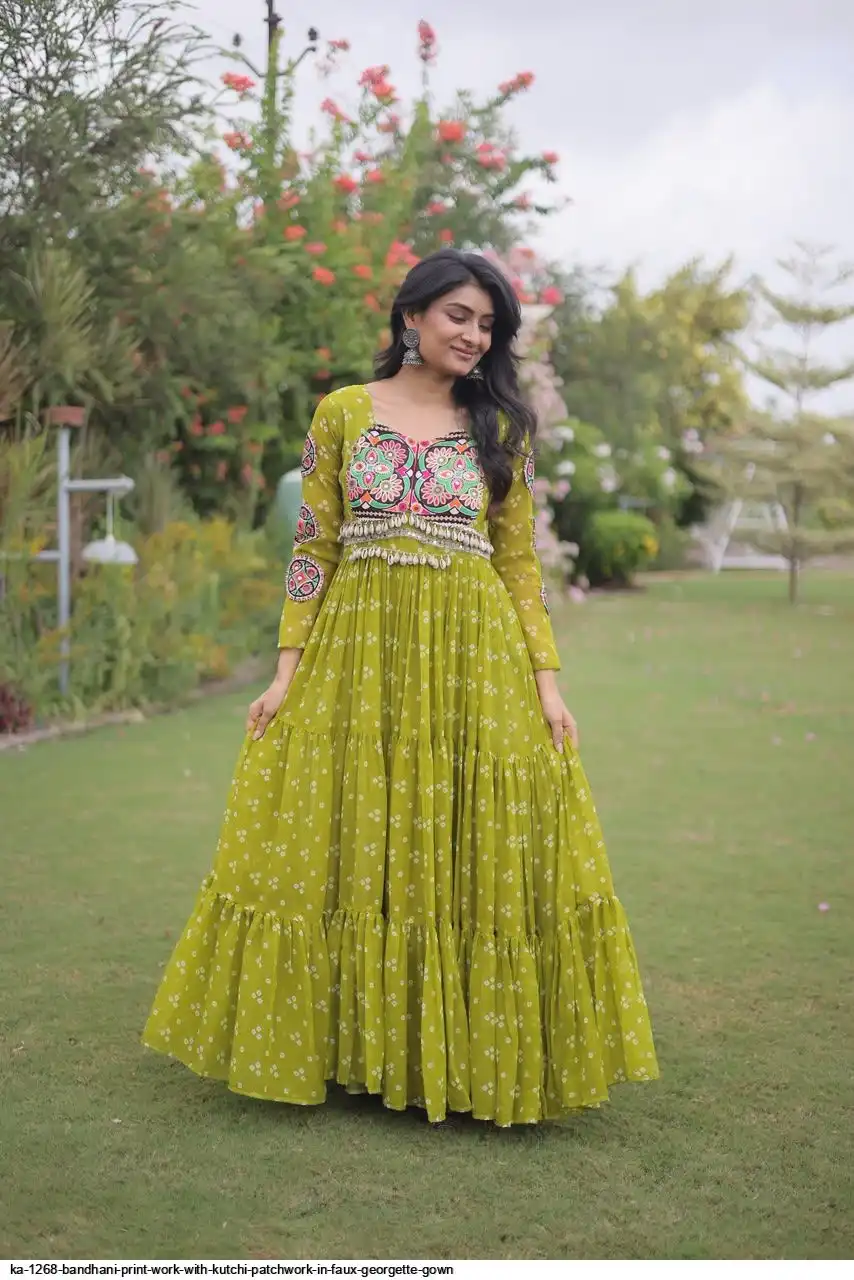 KA 1268 BANDHANI PRINT WORK WITH KUTCHI PATCHWORK IN FAUX GEORGETTE GOWN D