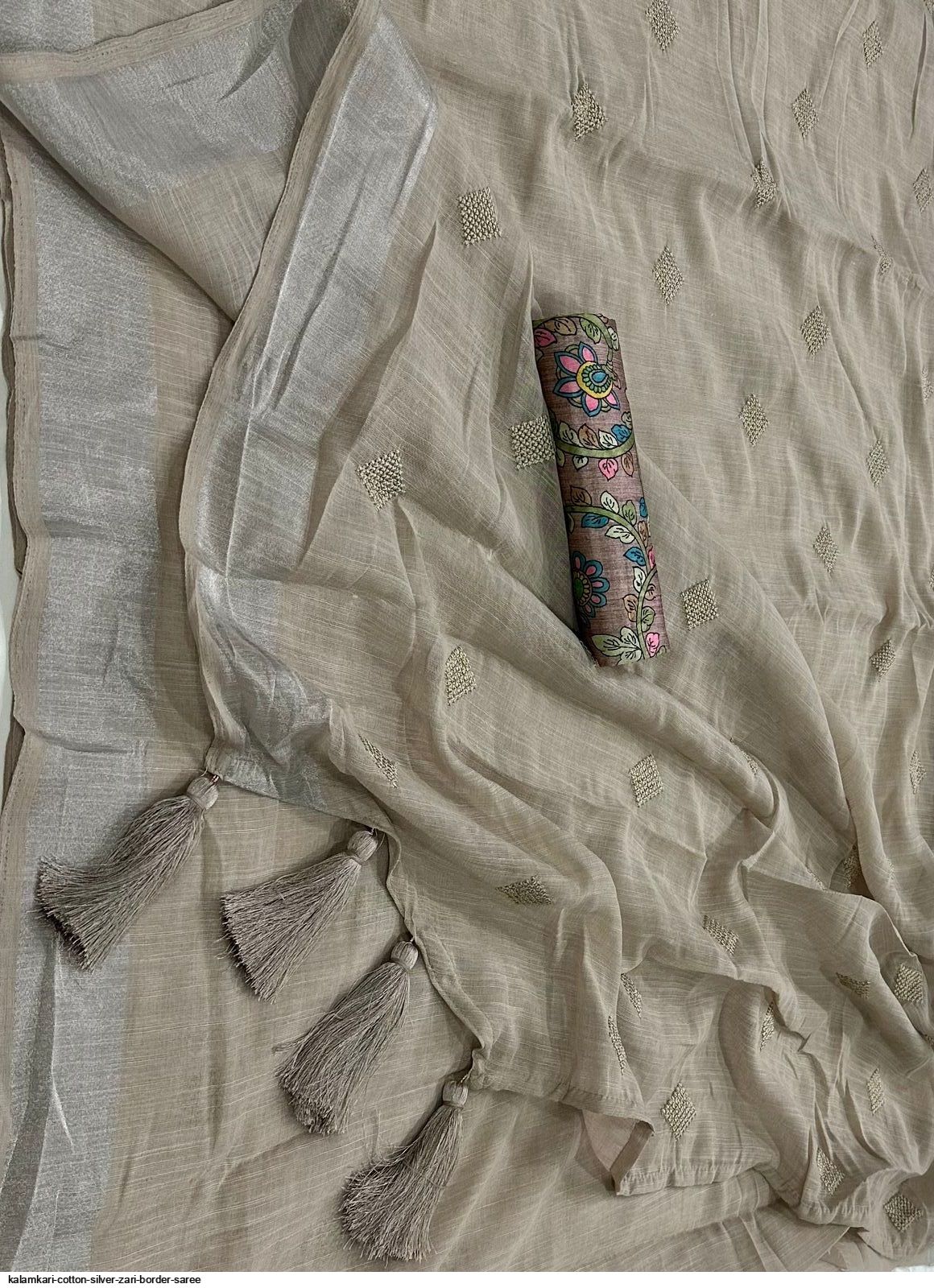 KALAMKARI COTTON SILVER ZARI BORDER SAREE