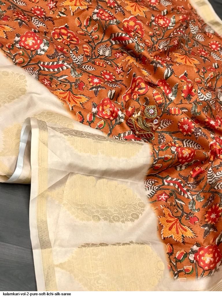 KALAMKARI VOL 2 PURE SOFT LICHI SILK SAREE A