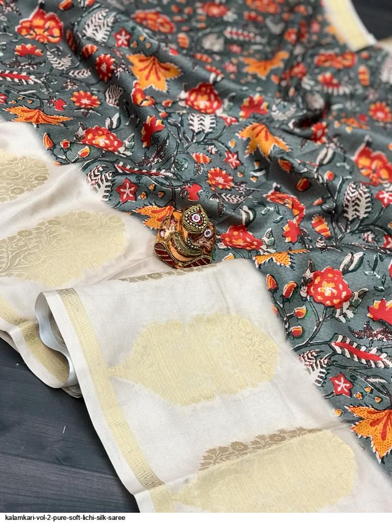KALAMKARI VOL 2 PURE SOFT LICHI SILK SAREE D