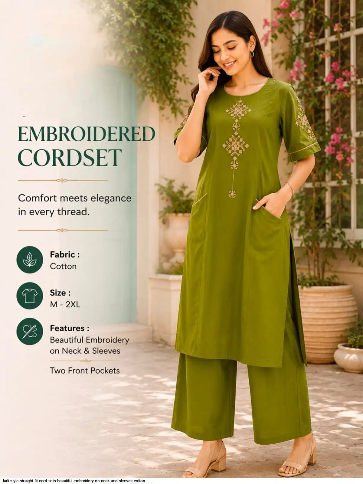KALI STYLE STRAIGHT FIT CORD SETS COTTON BEAUTIFUL EMBROIDERY 1077 A