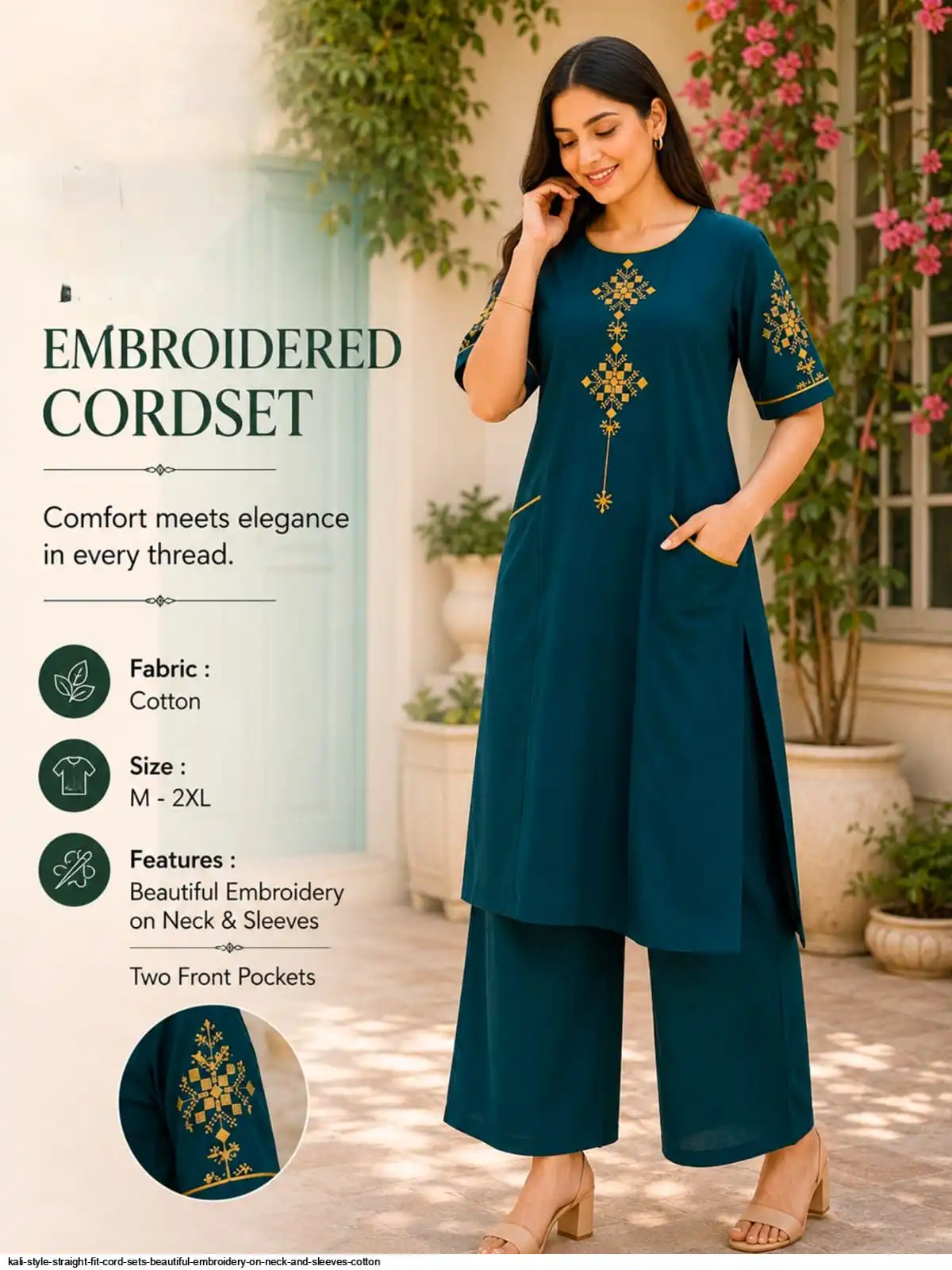 KALI STYLE STRAIGHT FIT CORD SETS COTTON BEAUTIFUL EMBROIDERY 1077 B