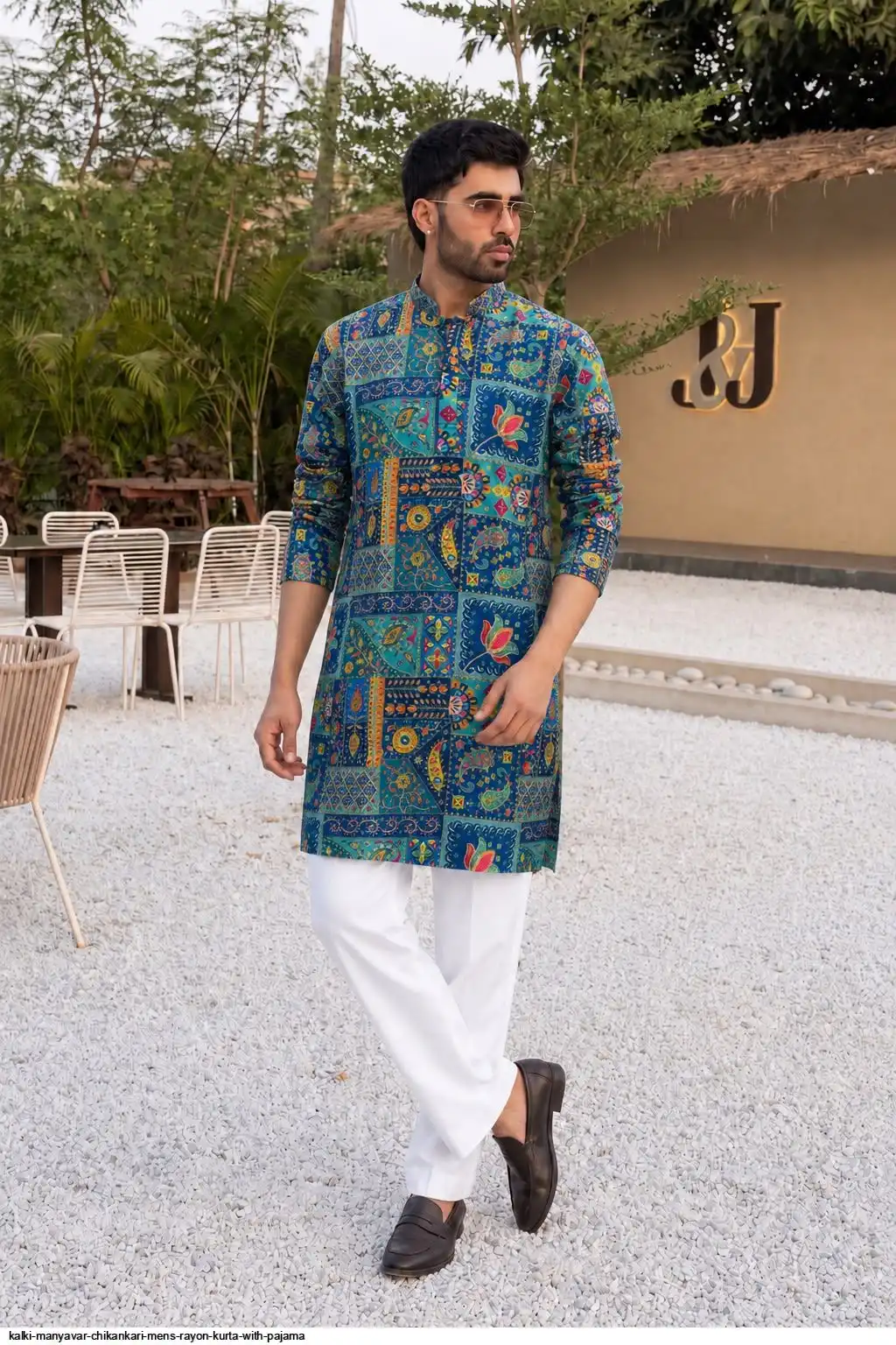 KALKI MANYAVAR CHIKANKARI MENS RAYON KURTA WITH PAJAMA 1