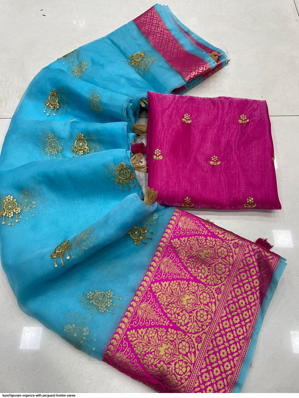 Kanchipuram Organza Saree with Viscose Thread Work and Satin Blouse for Women