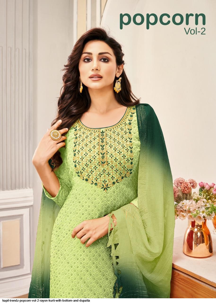 KAPIL TRENDZ POPCORN VOL 2 RAYON KURTI WITH BOTTOM AND DUPATTA
