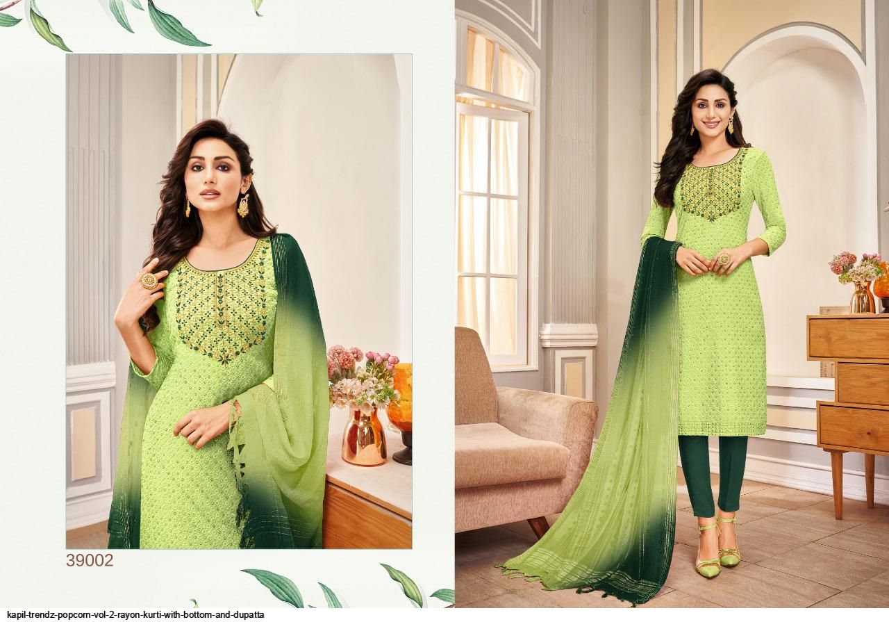 KAPIL TRENDZ POPCORN VOL 2 RAYON KURTI WITH BOTTOM AND DUPATTA