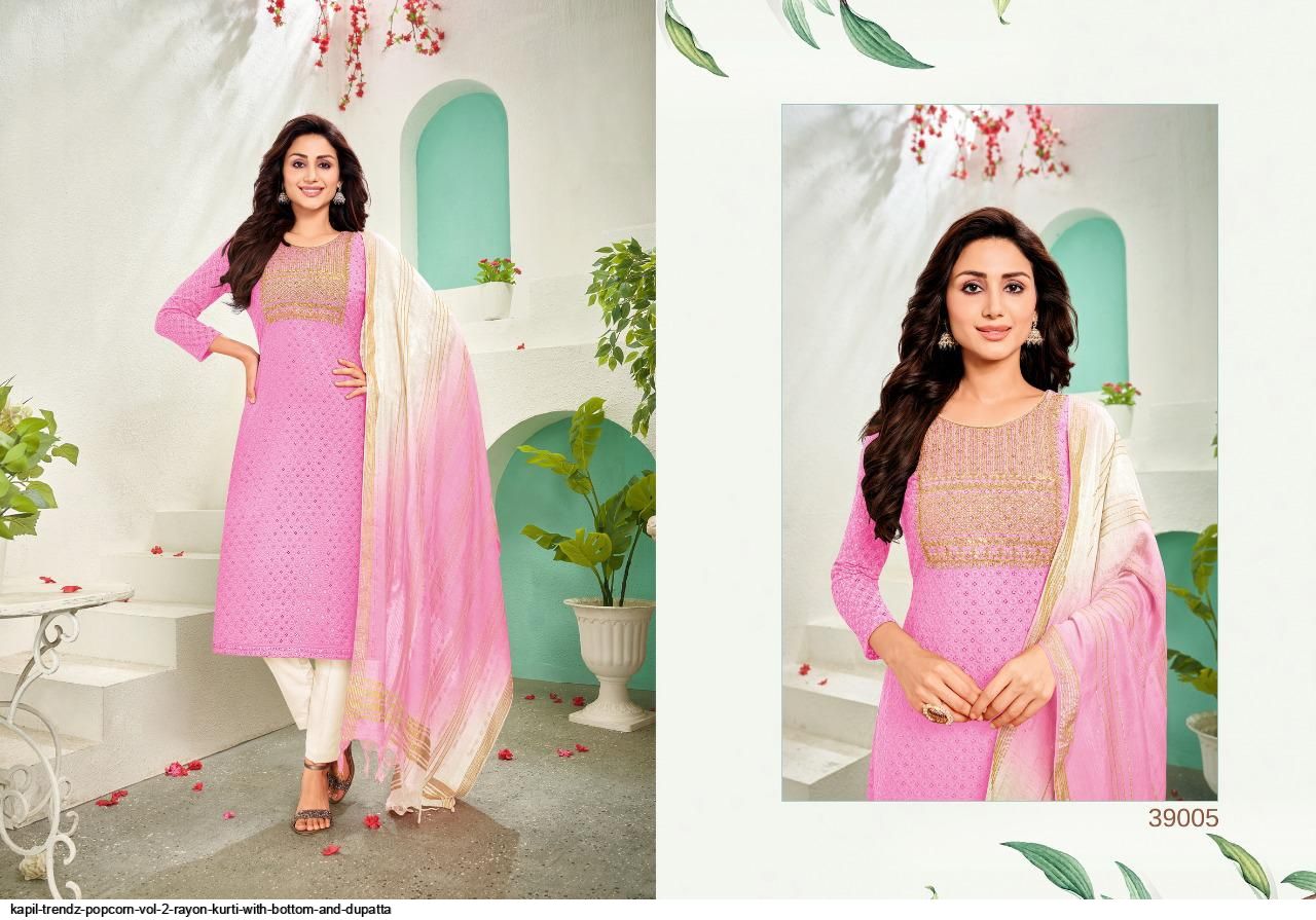 KAPIL TRENDZ POPCORN VOL 2 RAYON KURTI WITH BOTTOM AND DUPATTA