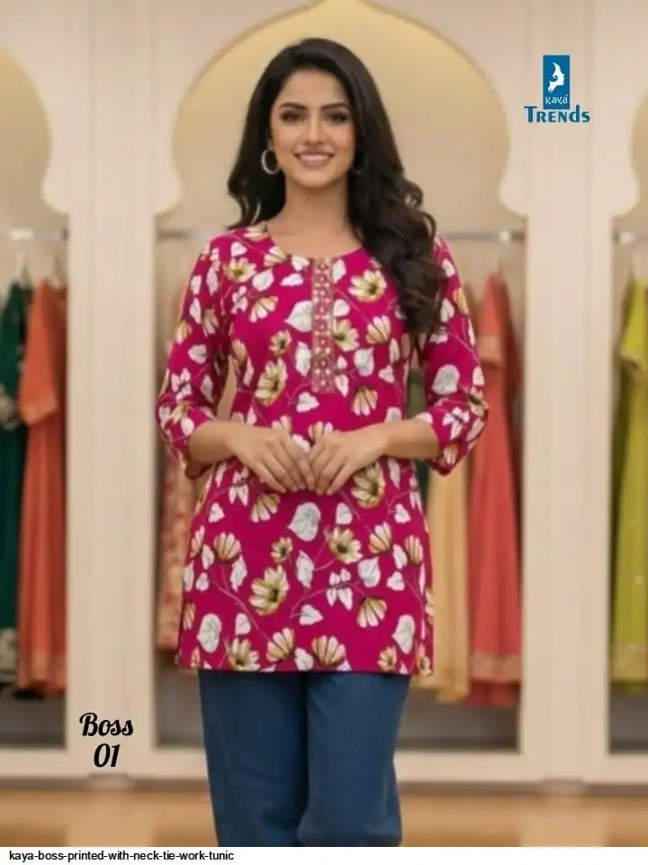 KAYA BOSS PRINTED WITH NECK TIE WORK TUNIC 01
