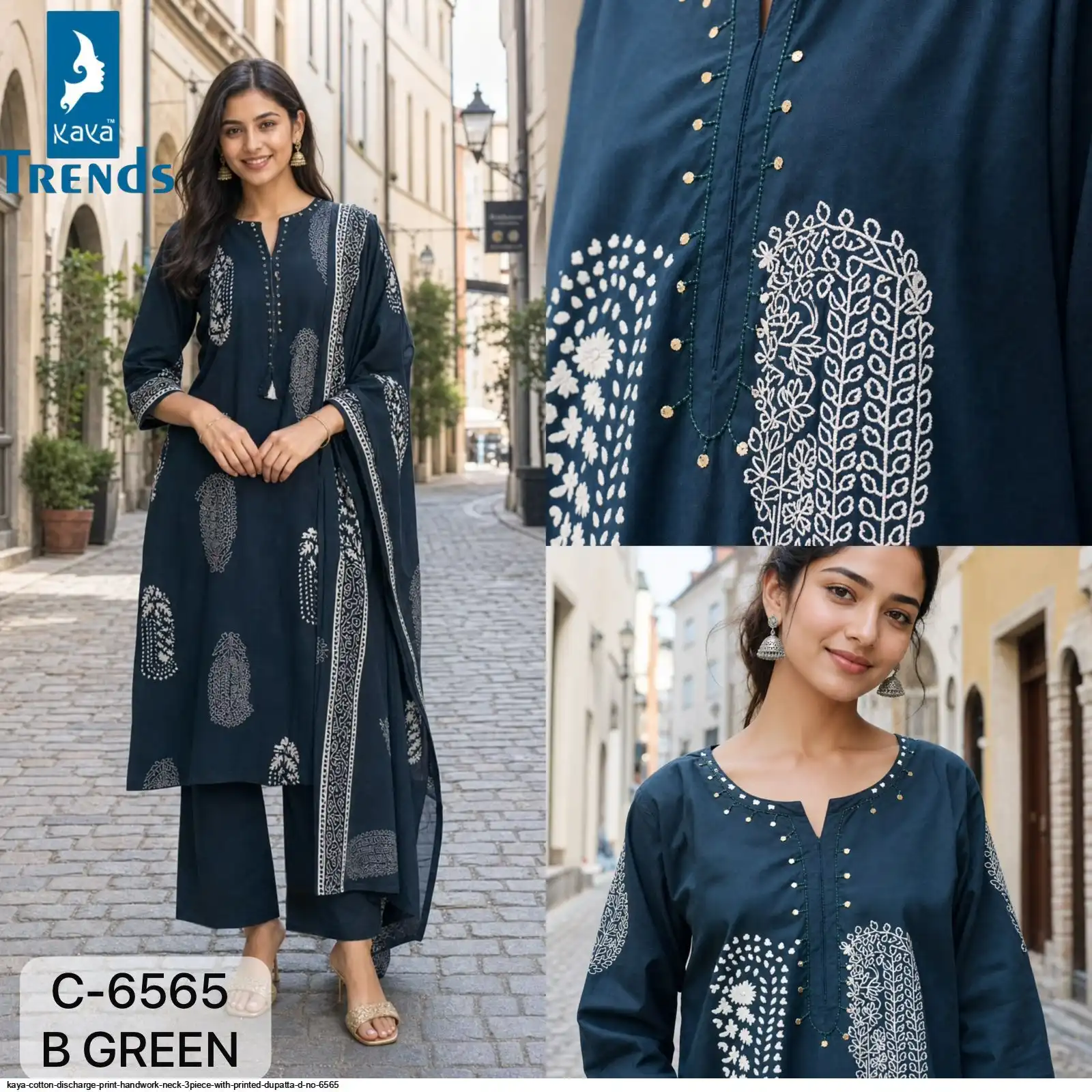 KAYA COTTON DISCHARGE PRINT HANDWORK NECK 3PIECE WITH PRINTED DUPATTA D NO 6565 2