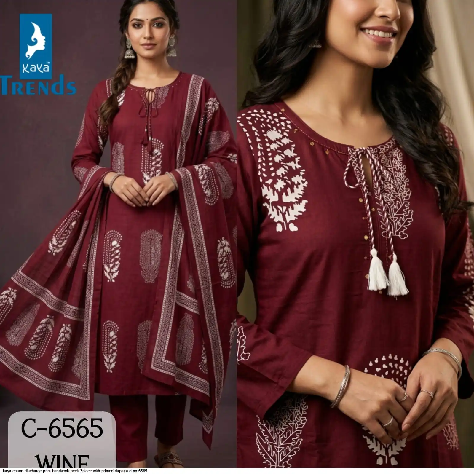 KAYA COTTON DISCHARGE PRINT HANDWORK NECK 3PIECE WITH PRINTED DUPATTA D NO 6565 3