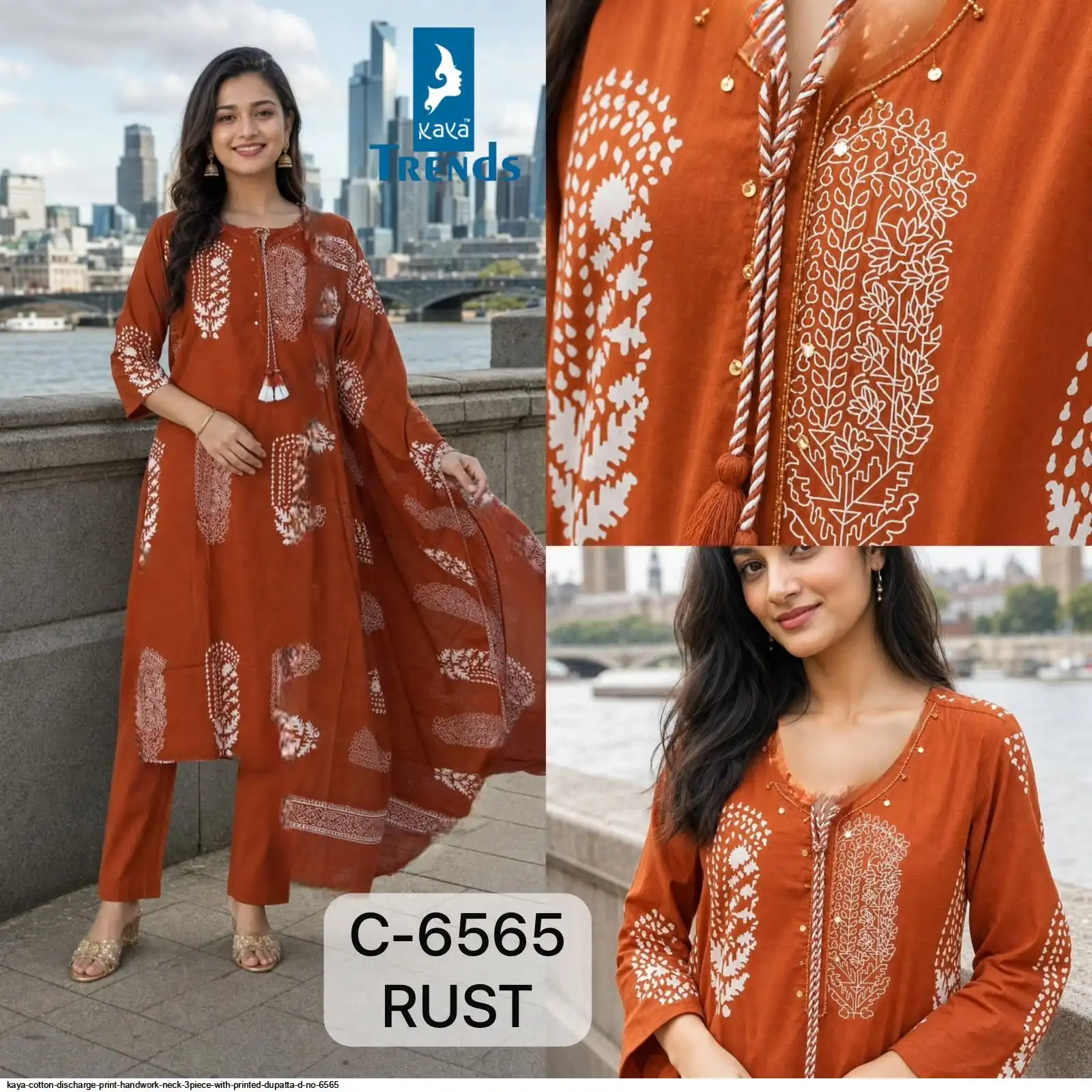 KAYA COTTON DISCHARGE PRINT HANDWORK NECK 3PIECE WITH PRINTED DUPATTA D NO 6565 4
