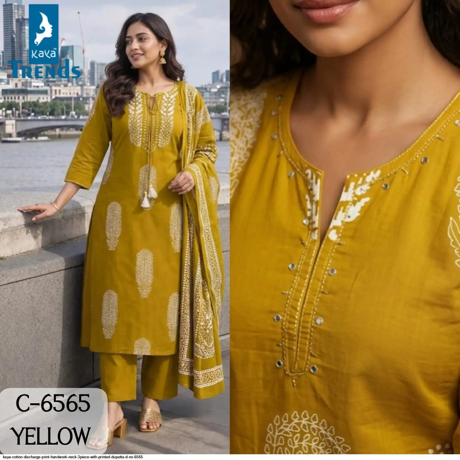 KAYA COTTON DISCHARGE PRINT HANDWORK NECK 3PIECE WITH PRINTED DUPATTA D NO 6565 5
