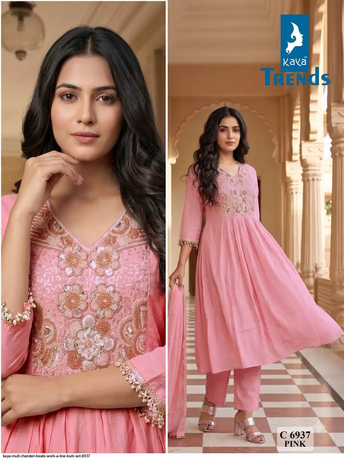 MULL CHANDERI BEATS WORK A LINE 3PIECE PINK