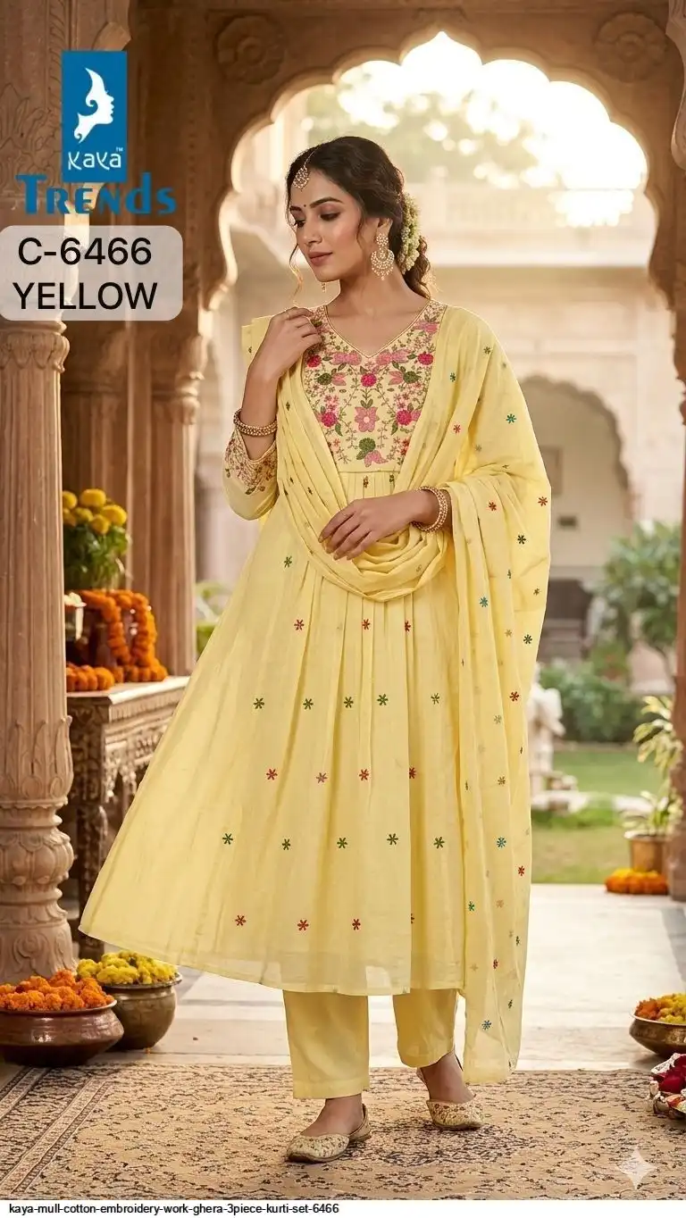 KAYA MULL COTTON EMBROIDERY WORK GHERA 3PIECE KURTI SET 6466 B