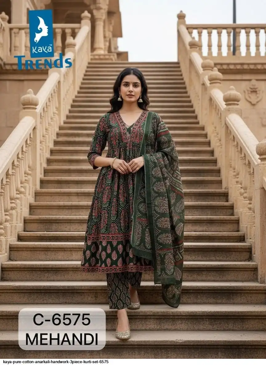 KAYA PURE COTTON ANARKALI HANDWORK 3PIECE KURTI SET 6575 B