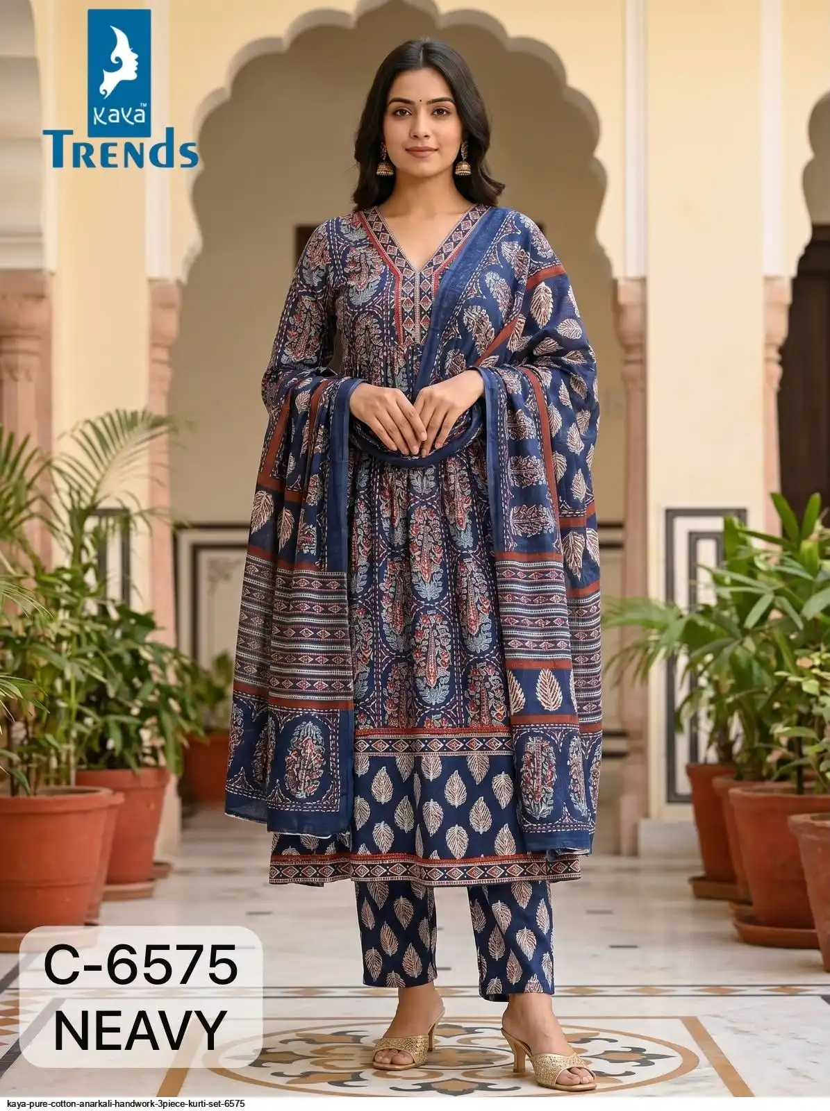 KAYA PURE COTTON ANARKALI HANDWORK 3PIECE KURTI SET 6575 C