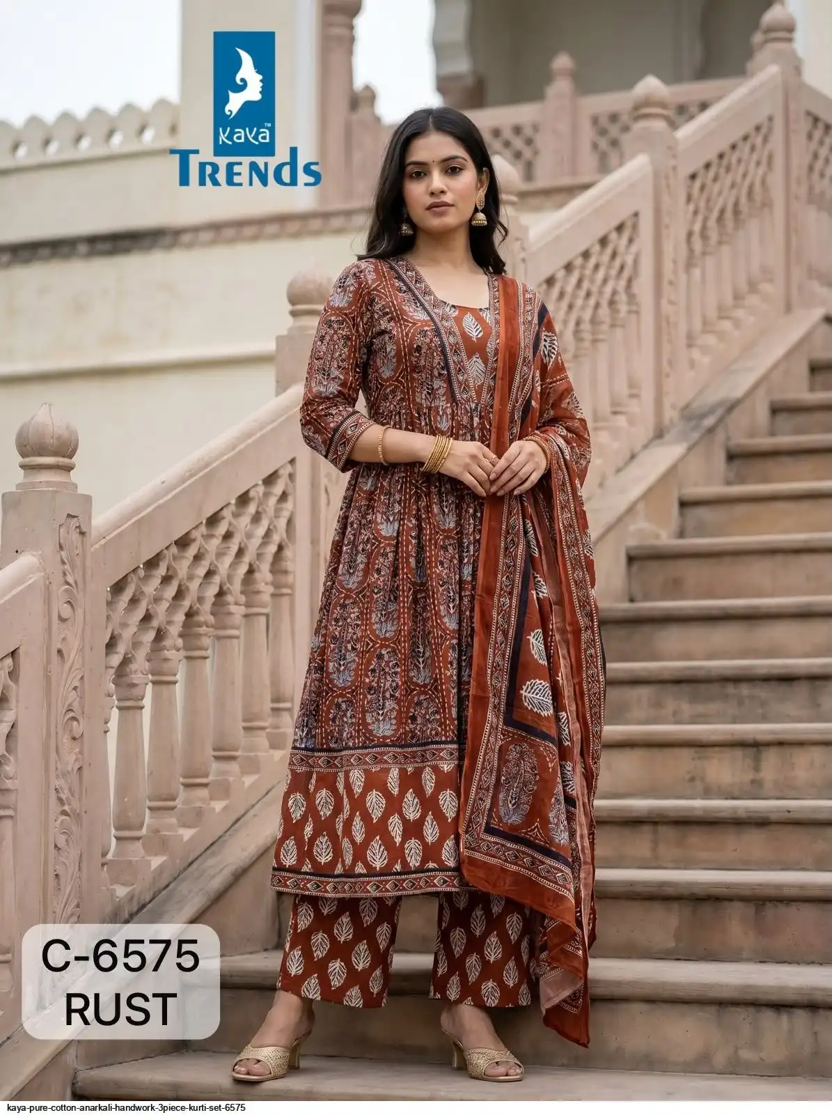 KAYA PURE COTTON ANARKALI HANDWORK 3PIECE KURTI SET 6575 D